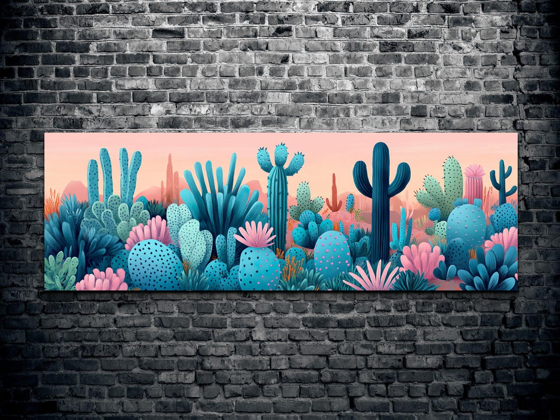 Teal Cactus Garden Pink Sunset Southwest Desert Landscape Poster - Image 2