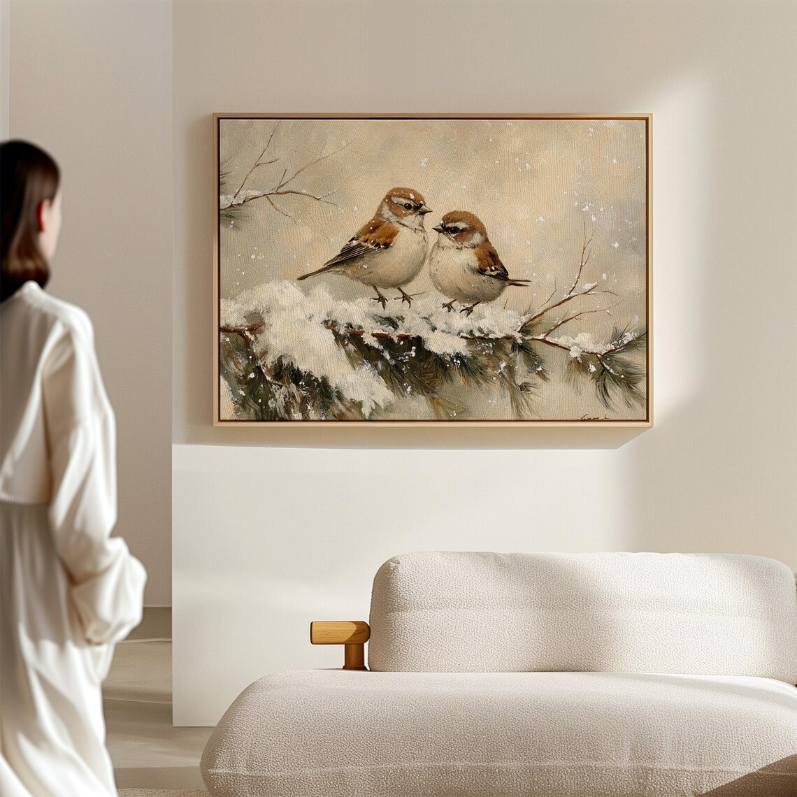 Winter Birds Art Print, Two Sparrows on Pine Branch - Image 7