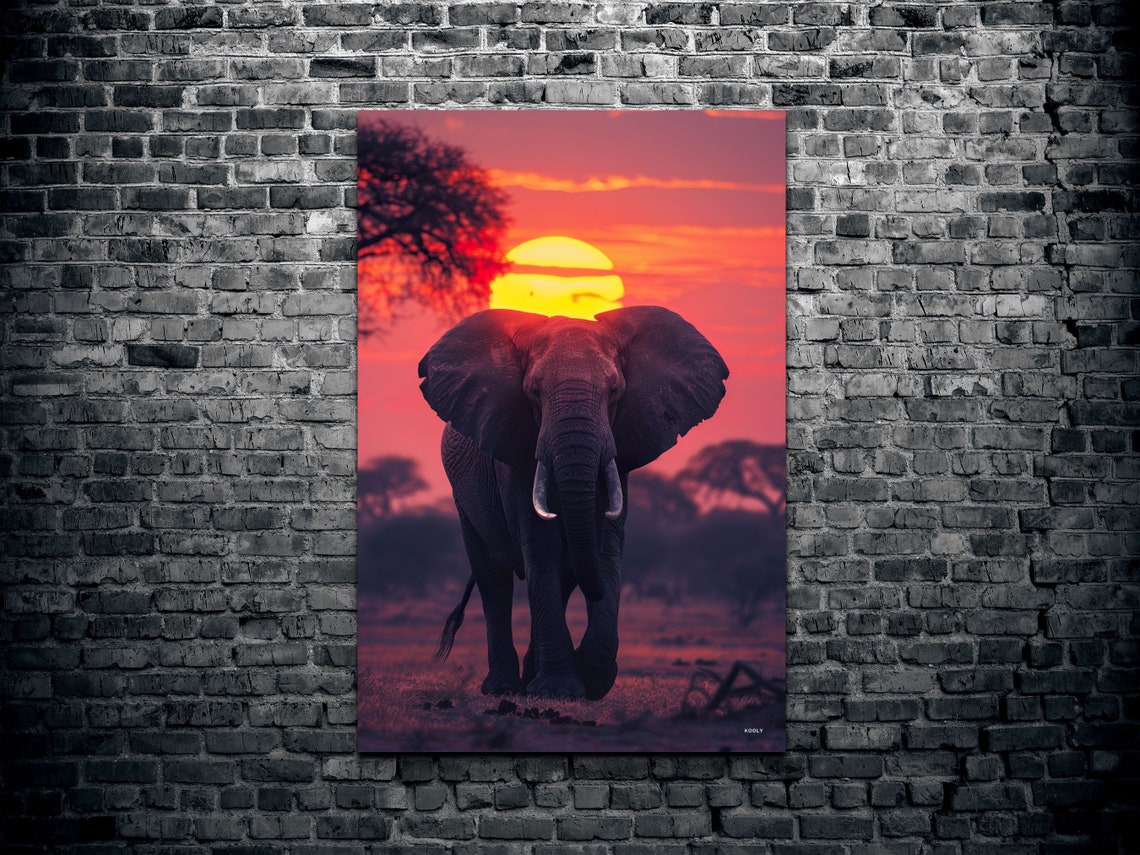 Majestic African Elephant Walking Toward a Red Sunset Poster - Image 2