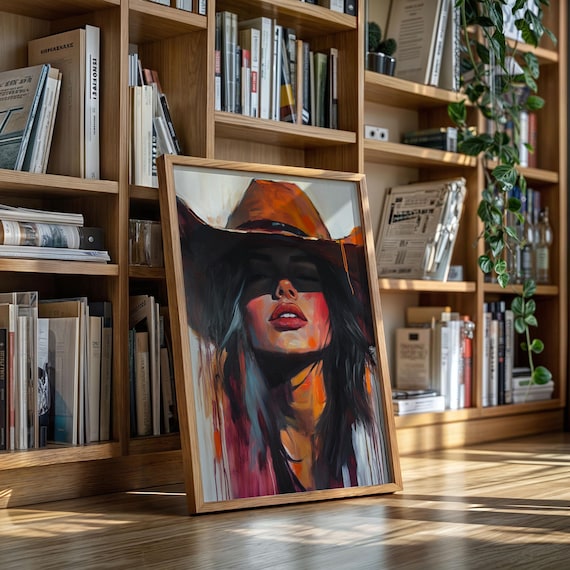 Bold Fiery Cowgirl Portrait Rust Hat Dramatic Western Art Poster