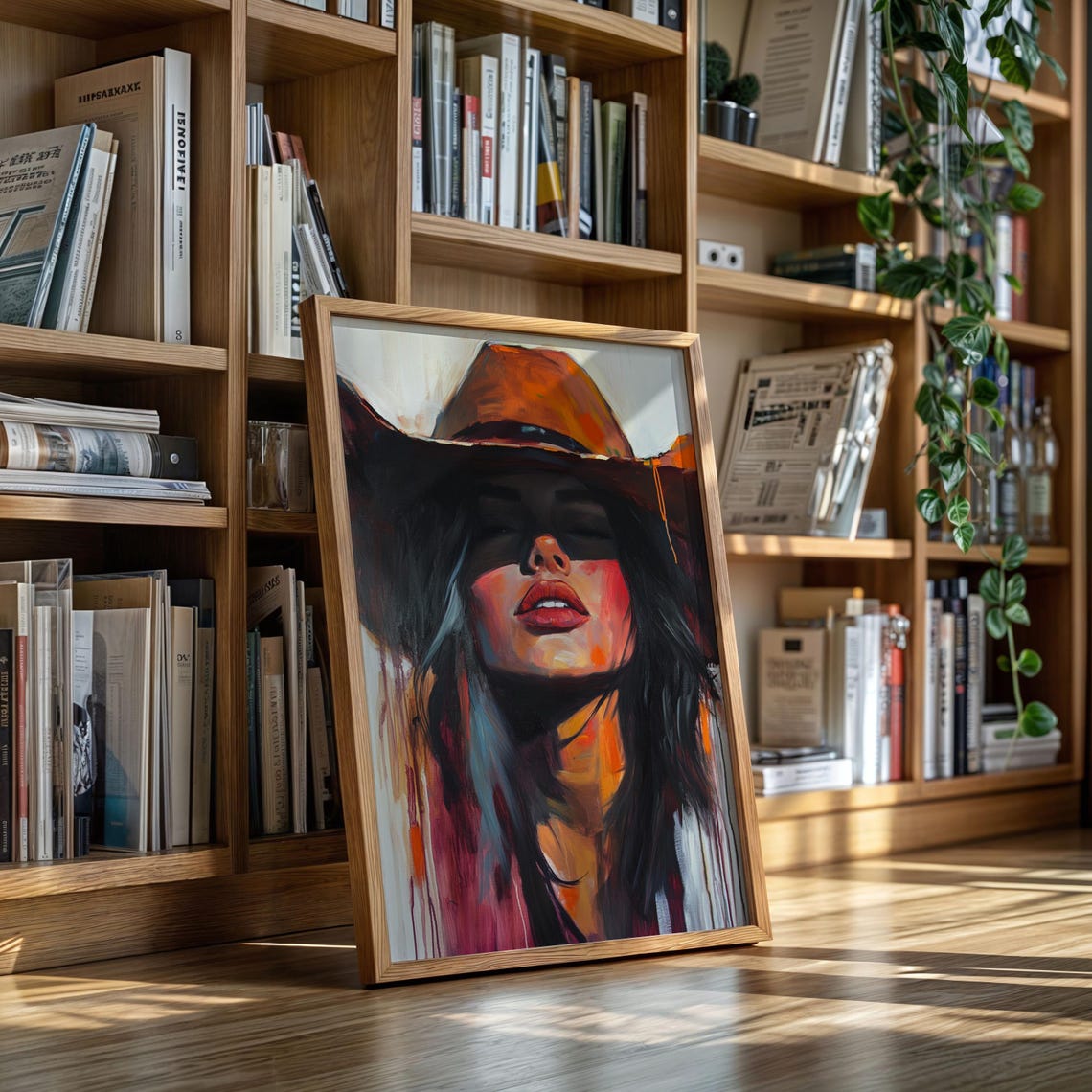 Fiery Cowgirl Canvas Wall Art Bold Western Woman In Hat With Dripping Brush Texture Vibrant Rustic Boho Statement Portrait