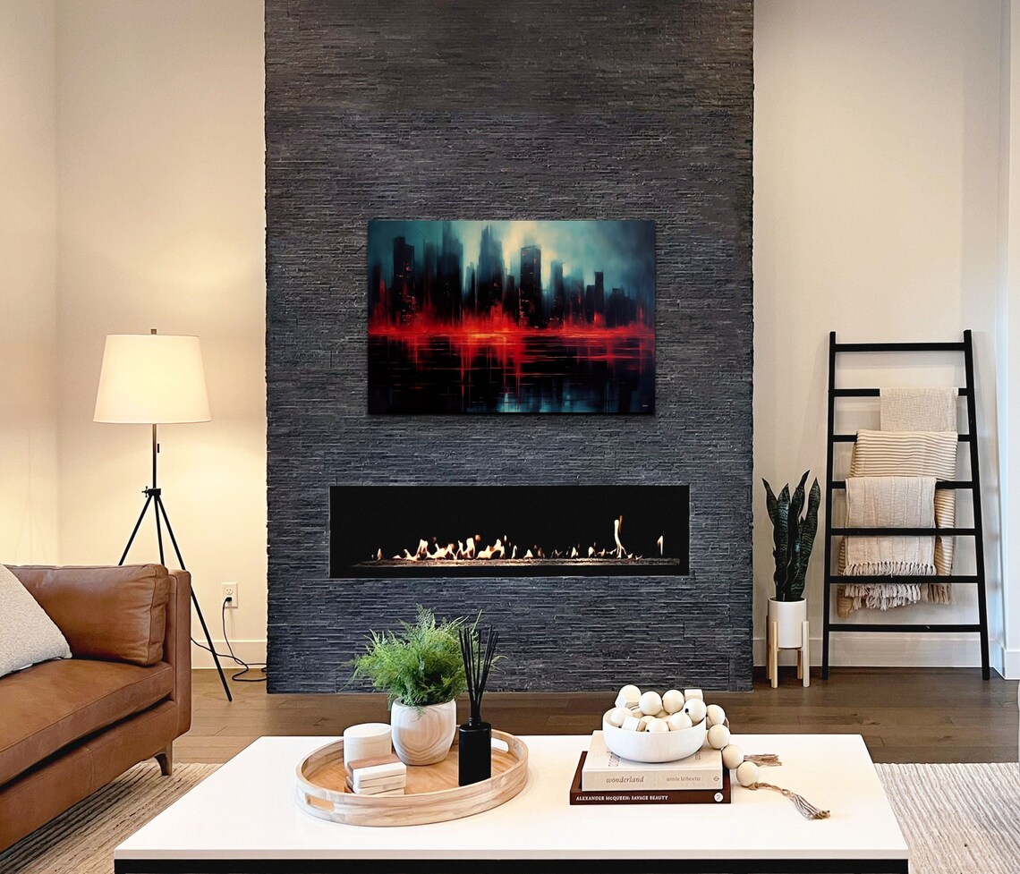 Abstract City Skyline At Night In Red And Teal Oil Style Poster - Image 5