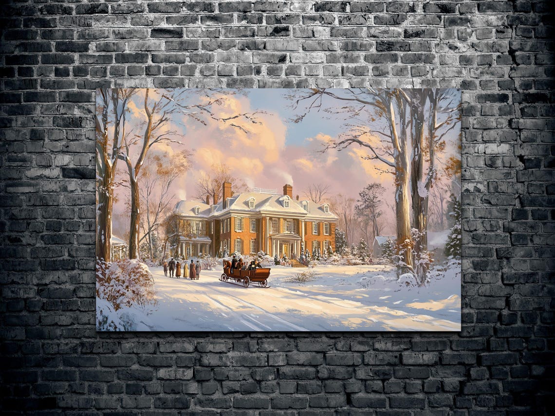 Snowy Estate Sleigh Ride Pink Sky Vintage Winter Scene Poster - Image 2