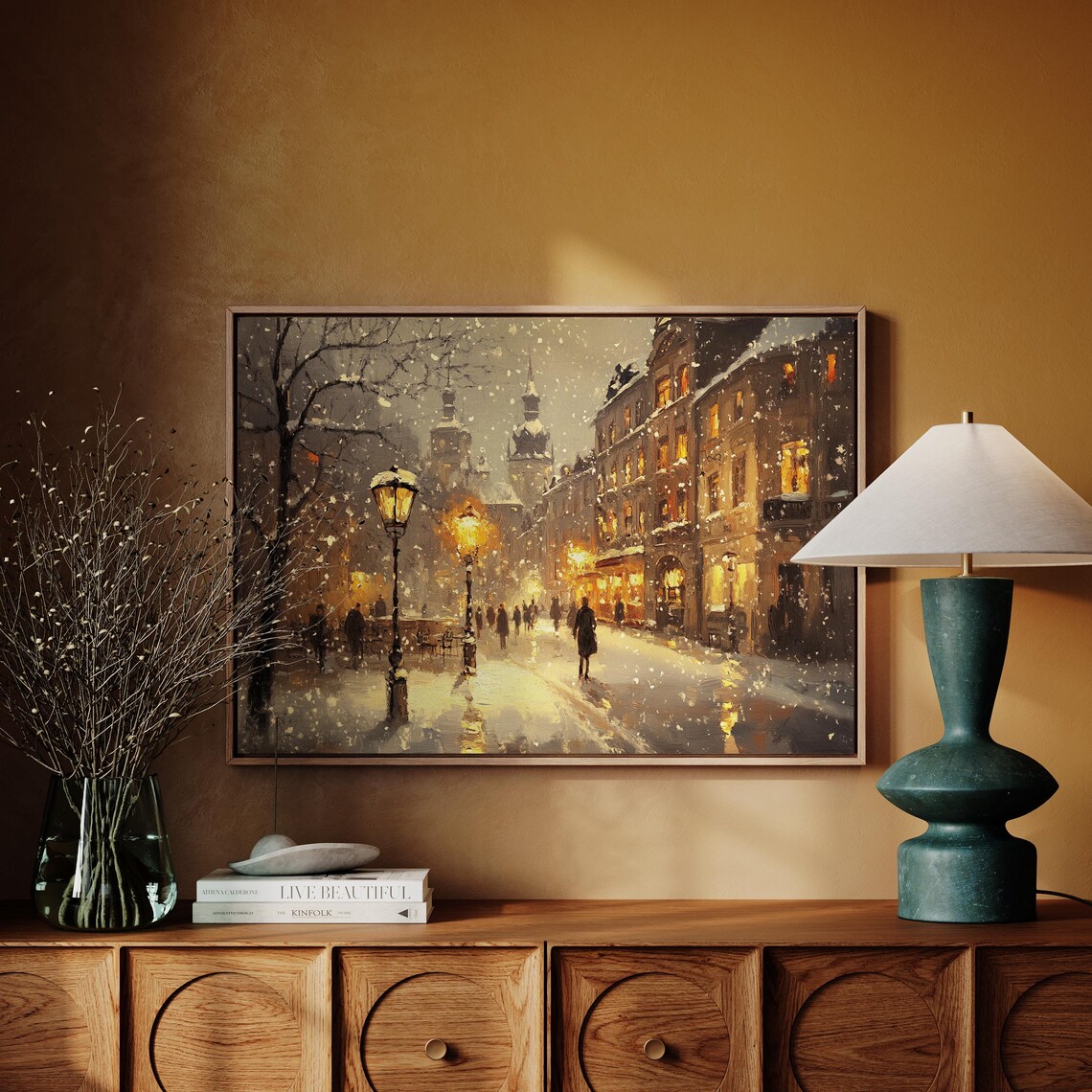 Snowy Evening City Street Lamps Old Town Winter Night Poster - Image 7
