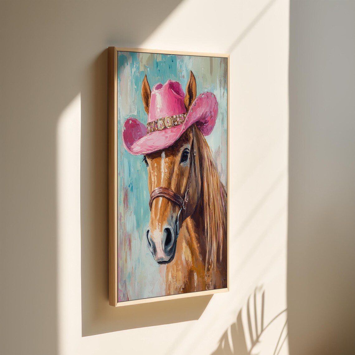 Chestnut Horse in Pink Cowboy Hat Rustic Western Painting Poster - Image 4