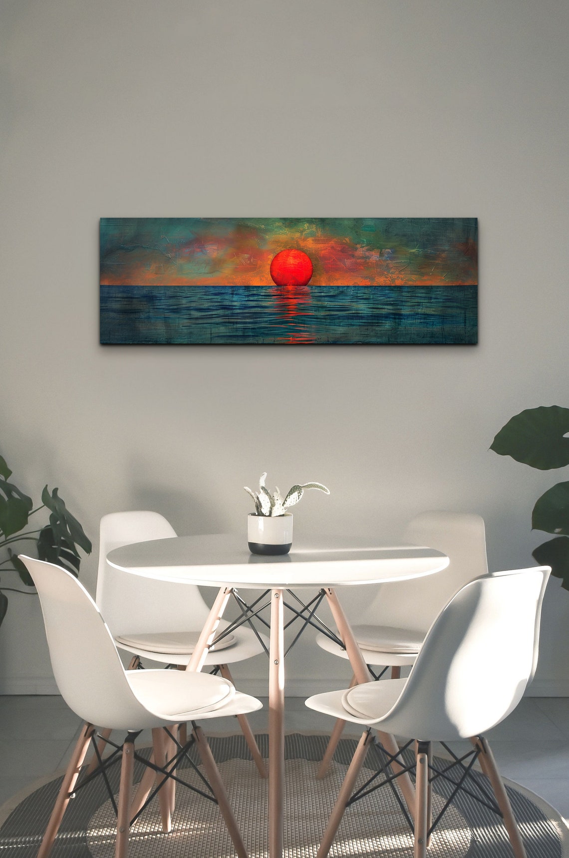 Big Red Sun Over Teal Ocean Textured Abstract Seascape Poster - Image 5