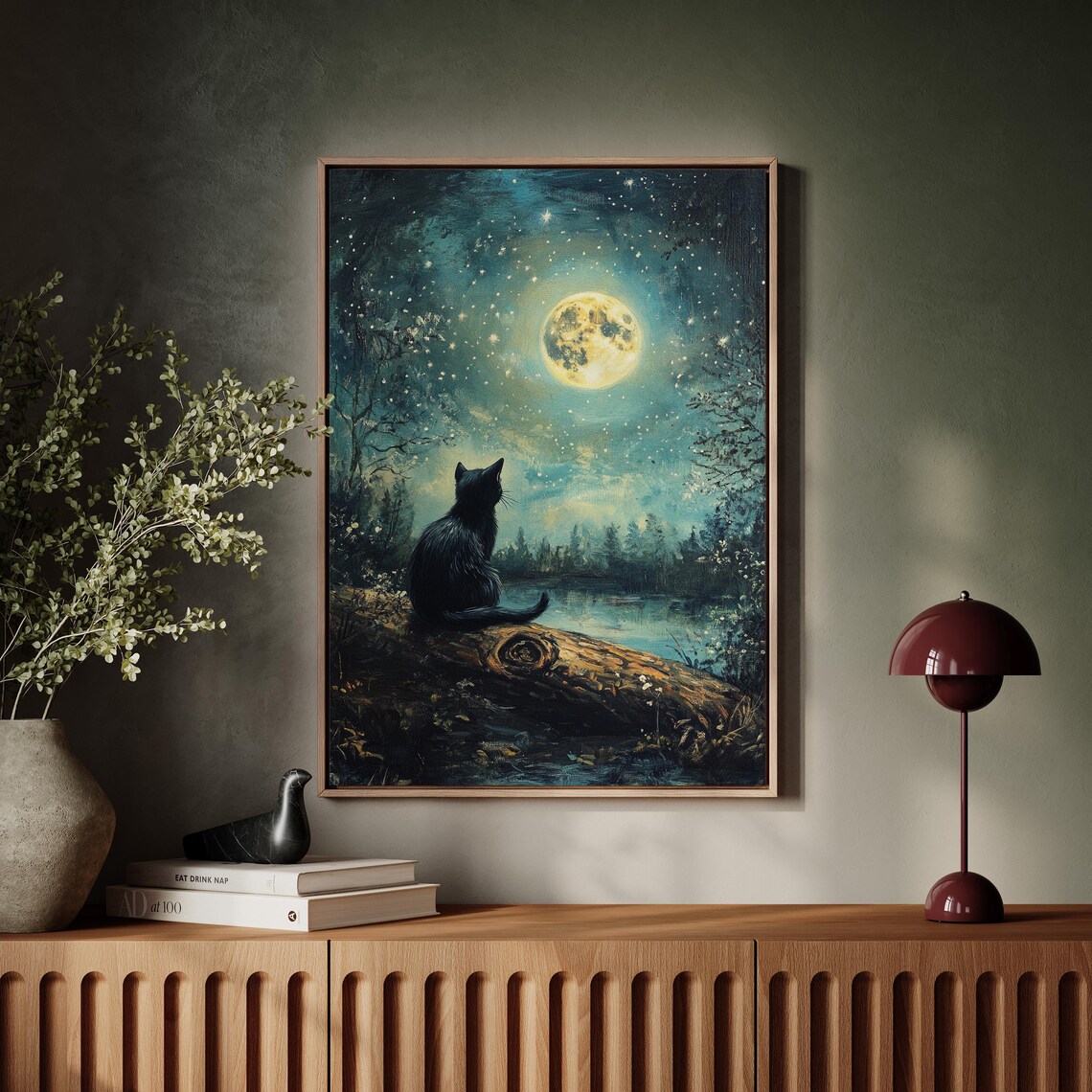 Black Cat Under Moonlight Mystical Night Scene Art Print