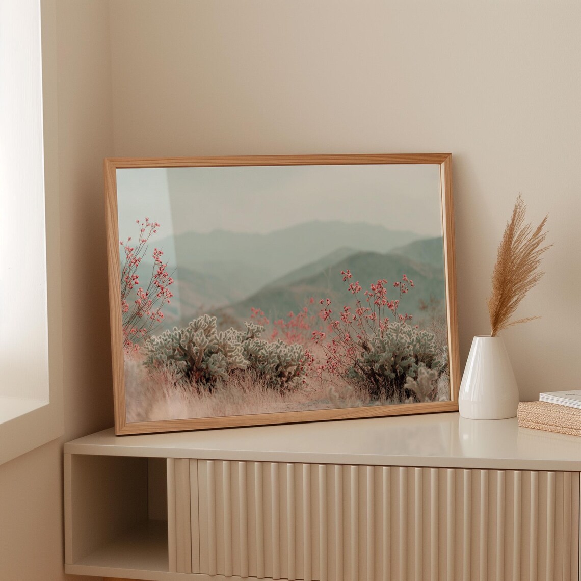 Desert Bloom Soft Pastel Cactus Wildflowers Mountain View Poster
