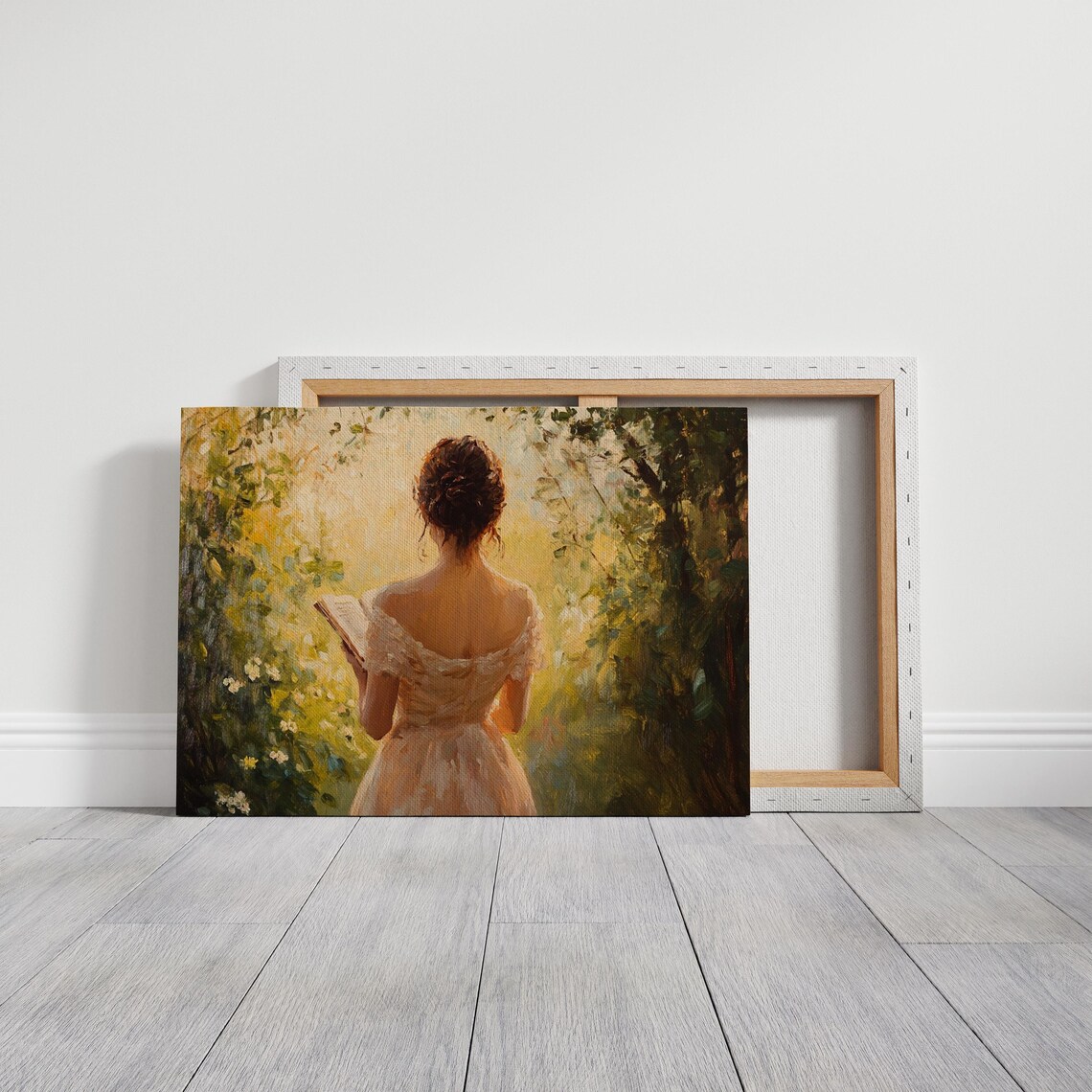 Romantic Woman Reading in Sunlit Garden Vintage Oil Painting Poster - Image 3