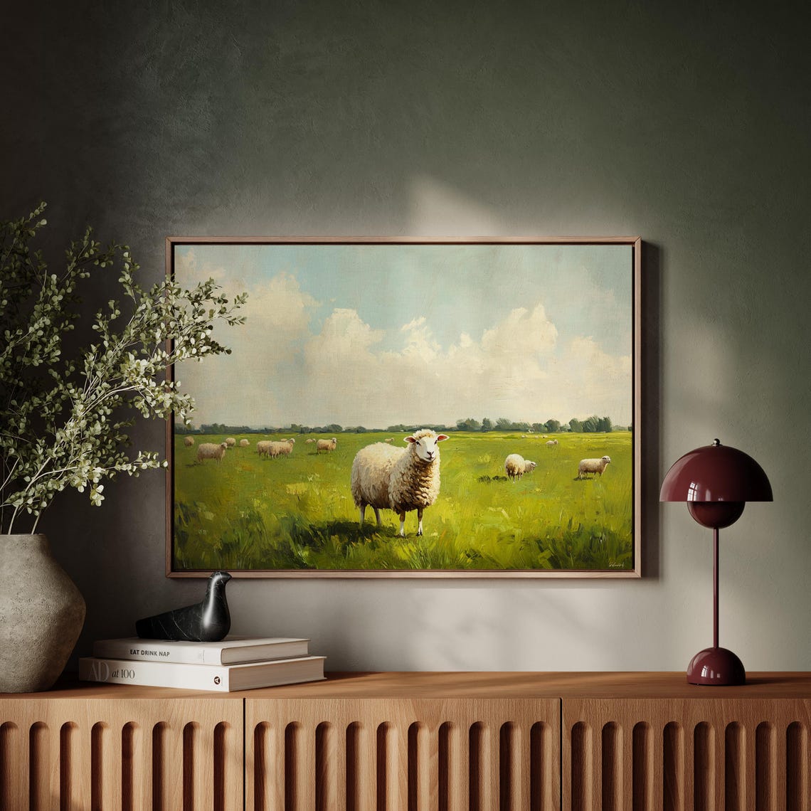 Sheep Grazing in Green Pasture Vintage Farmhouse Painting Poster - Image 4