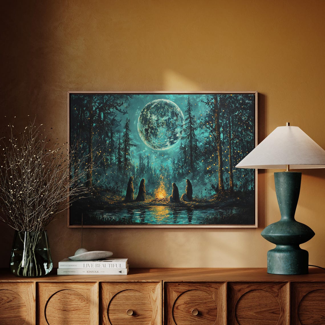Mystical Moonlit Forest Gathering Campfire Night Scene Poster - Image 3