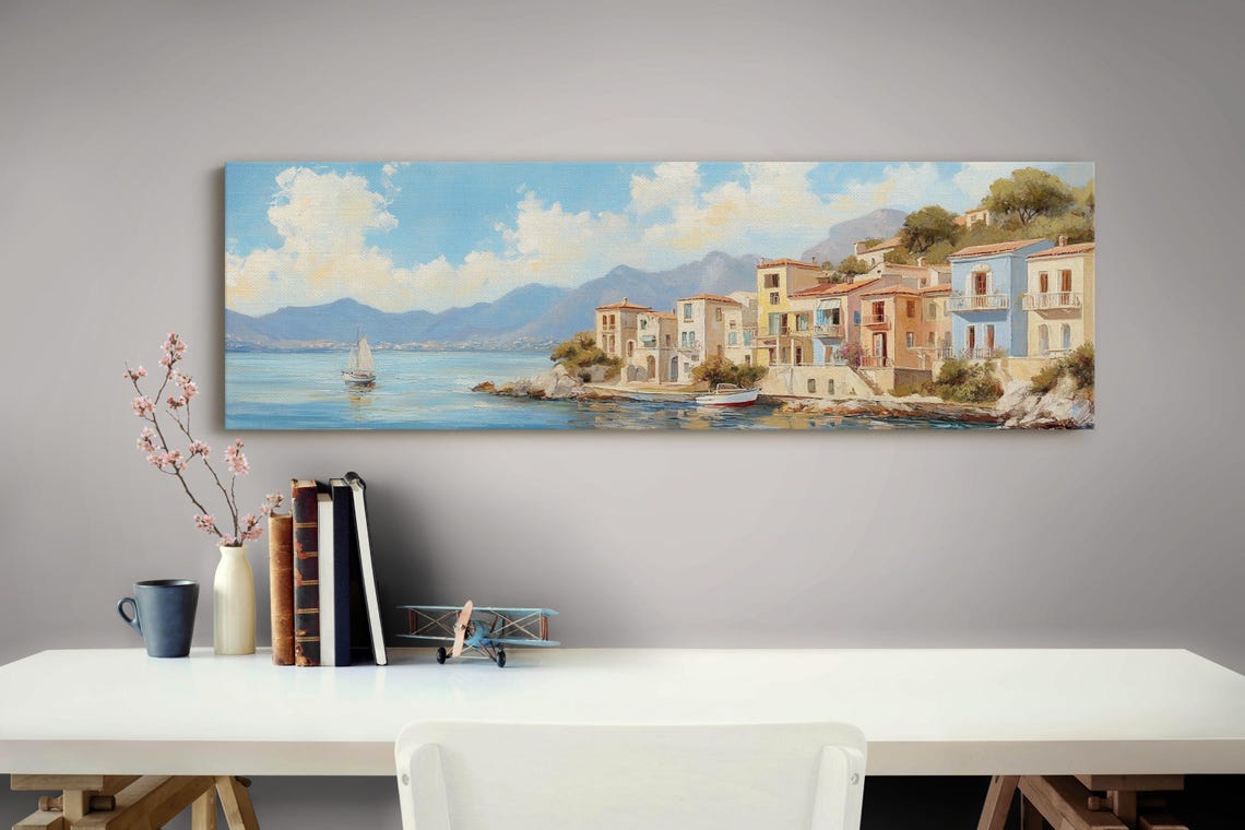 Mediterranean Seaside Town Sailboats Pastel Waterfront View Poster