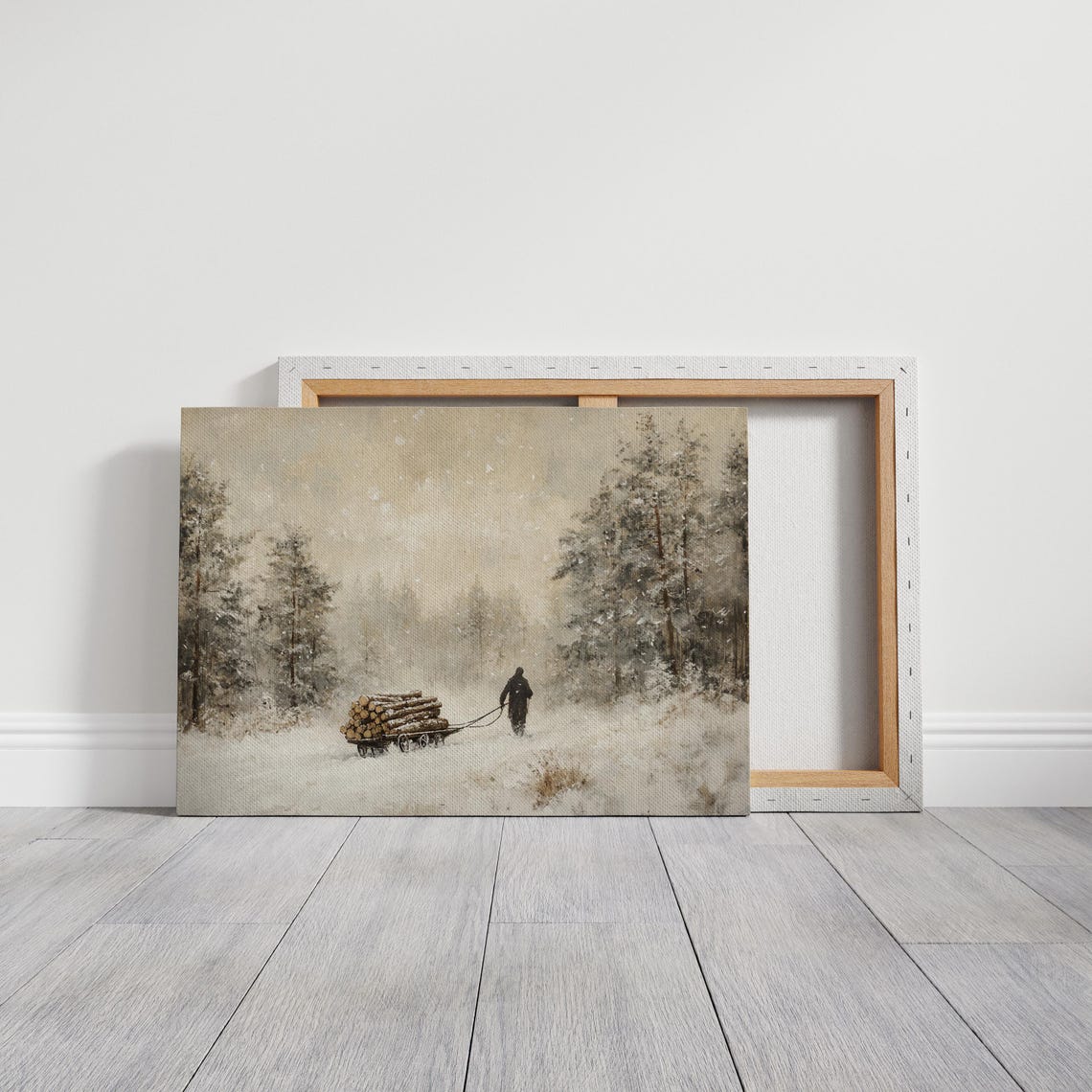 Lone Woodsman Pulling a Log Sled Through Deep Winter Snow Poster - Image 3