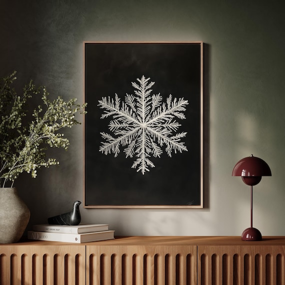 White Snowflake Black Background Detailed Winter Crystal Poster