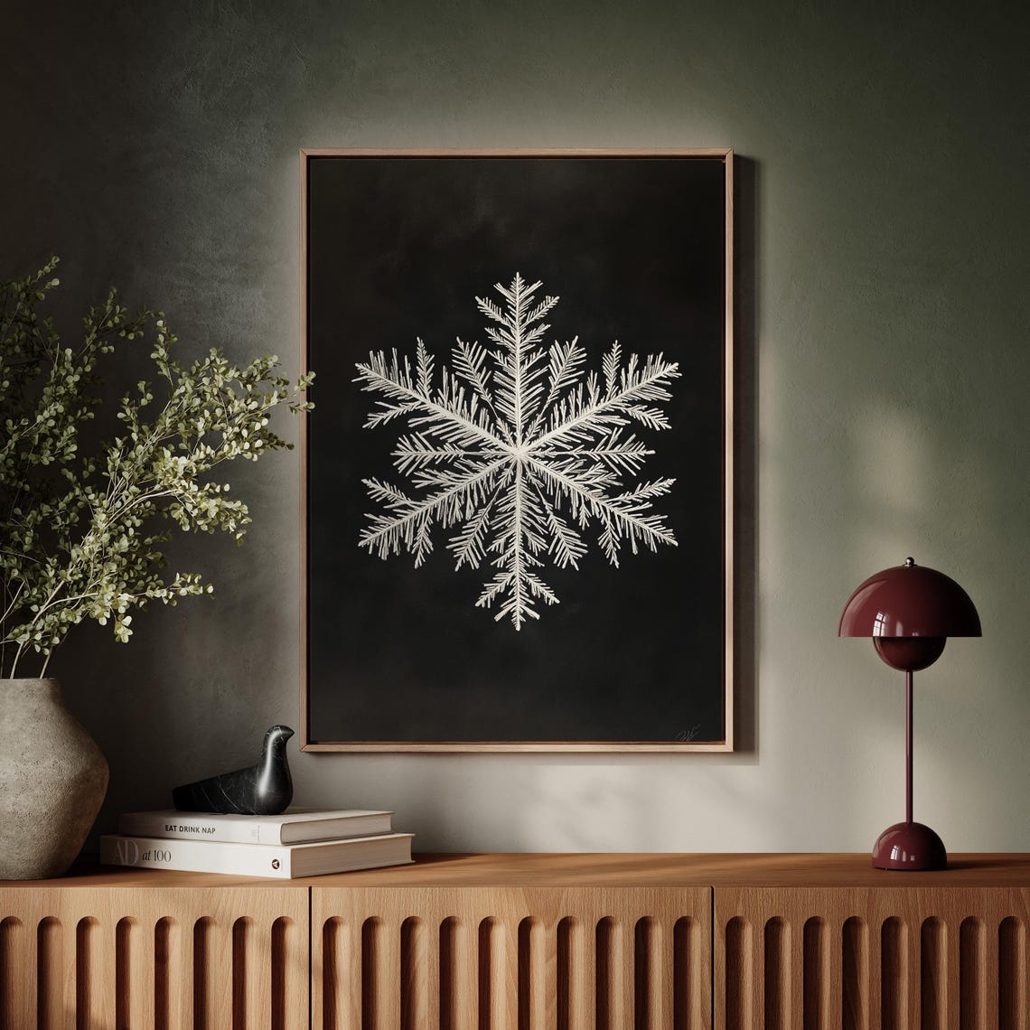 White Snowflake Black Background Detailed Winter Crystal Poster