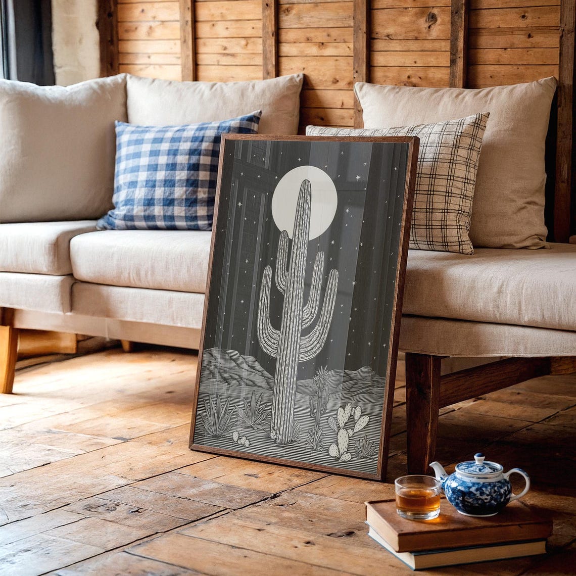 Moonlit Saguaro Cactus Desert Night Monochrome Line Art Print