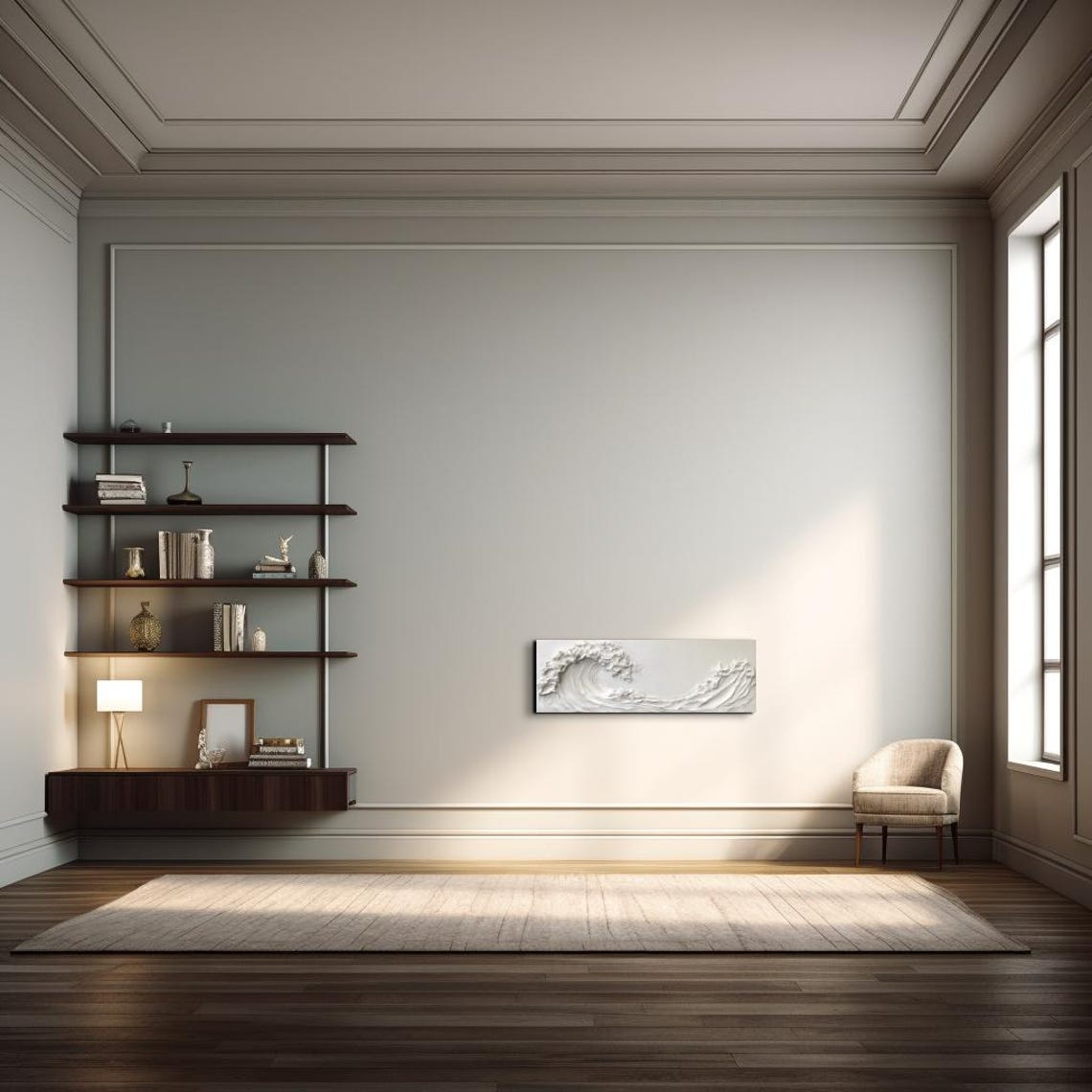 White Textured Ocean Wave Minimalist Panoramic Relief Art Poster - Image 4