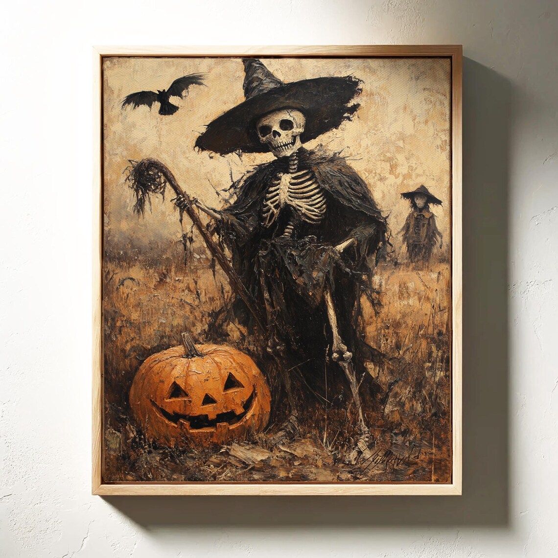 Skeleton Witch With Pumpkin And Crow, Halloween Decor