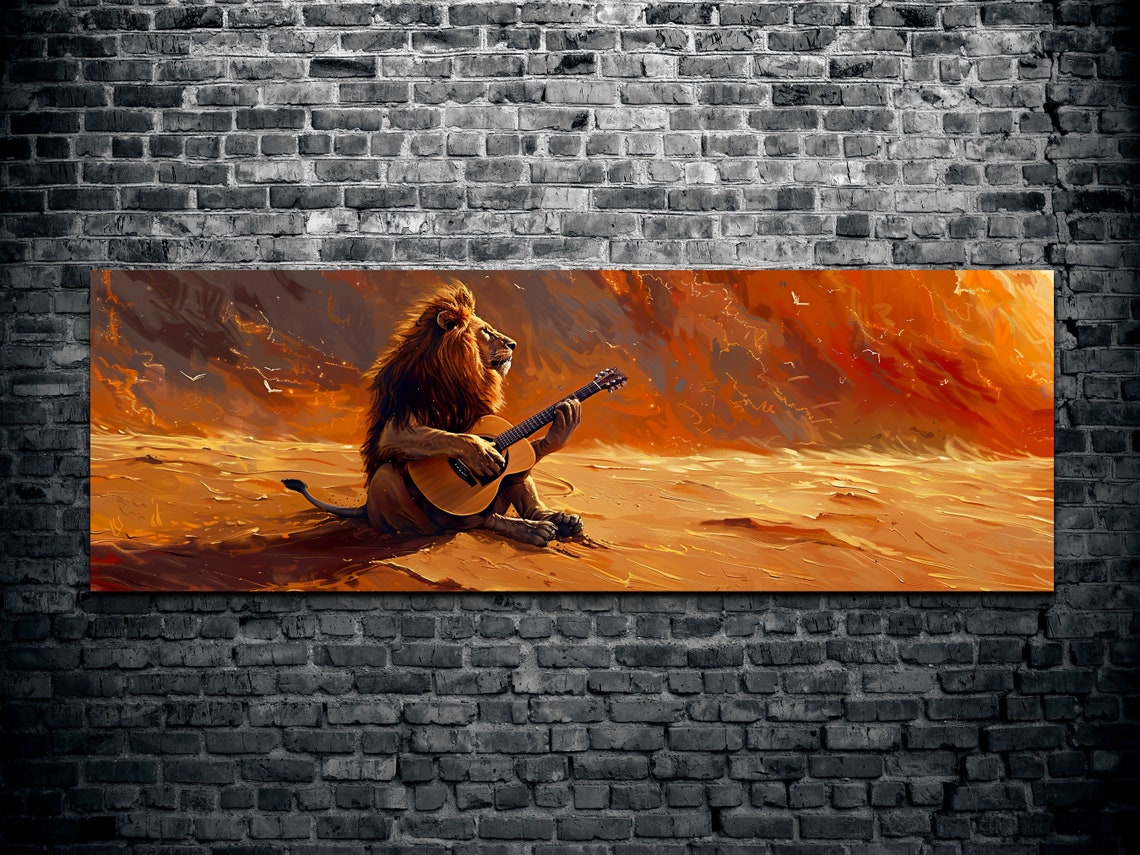 Lion Strumming Guitar In Blazing Orange Desert Sunset Panoramic Poster - Image 2