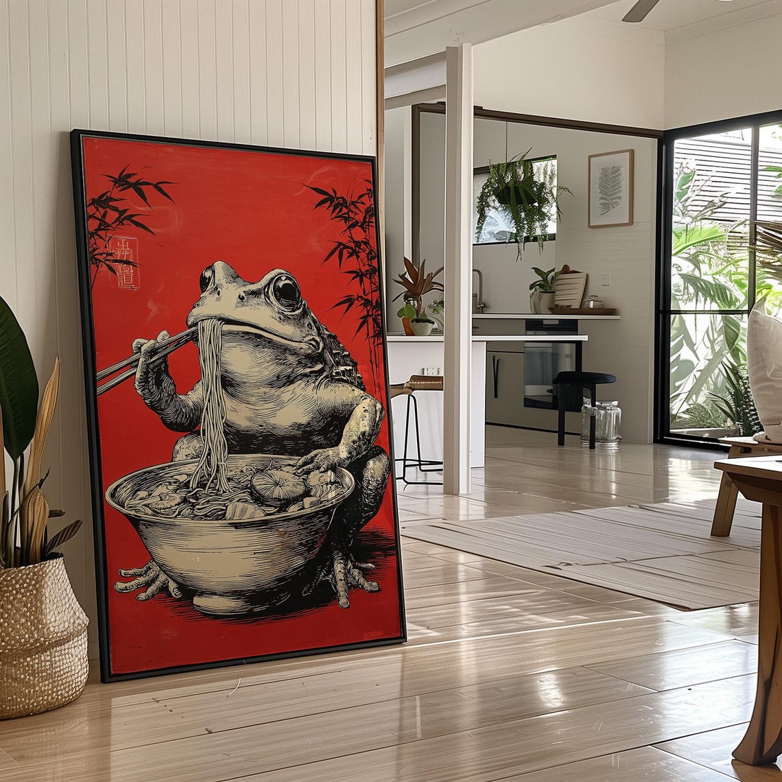 Funny Frog Eating Ramen Japanese Style Poster for Kitchen Decor