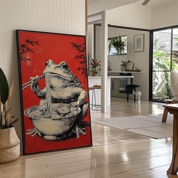 Funny Frog Eating Ramen Japanese Style Poster for Kitchen Decor