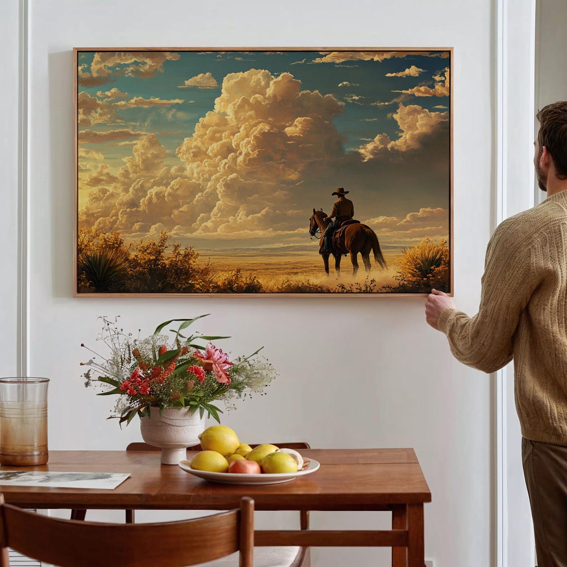 Cowboy Art Western Desert Sky Print Lone Rider Wall Decor Rustic Country Scene Poster For Ranch Or Farmhouse Style