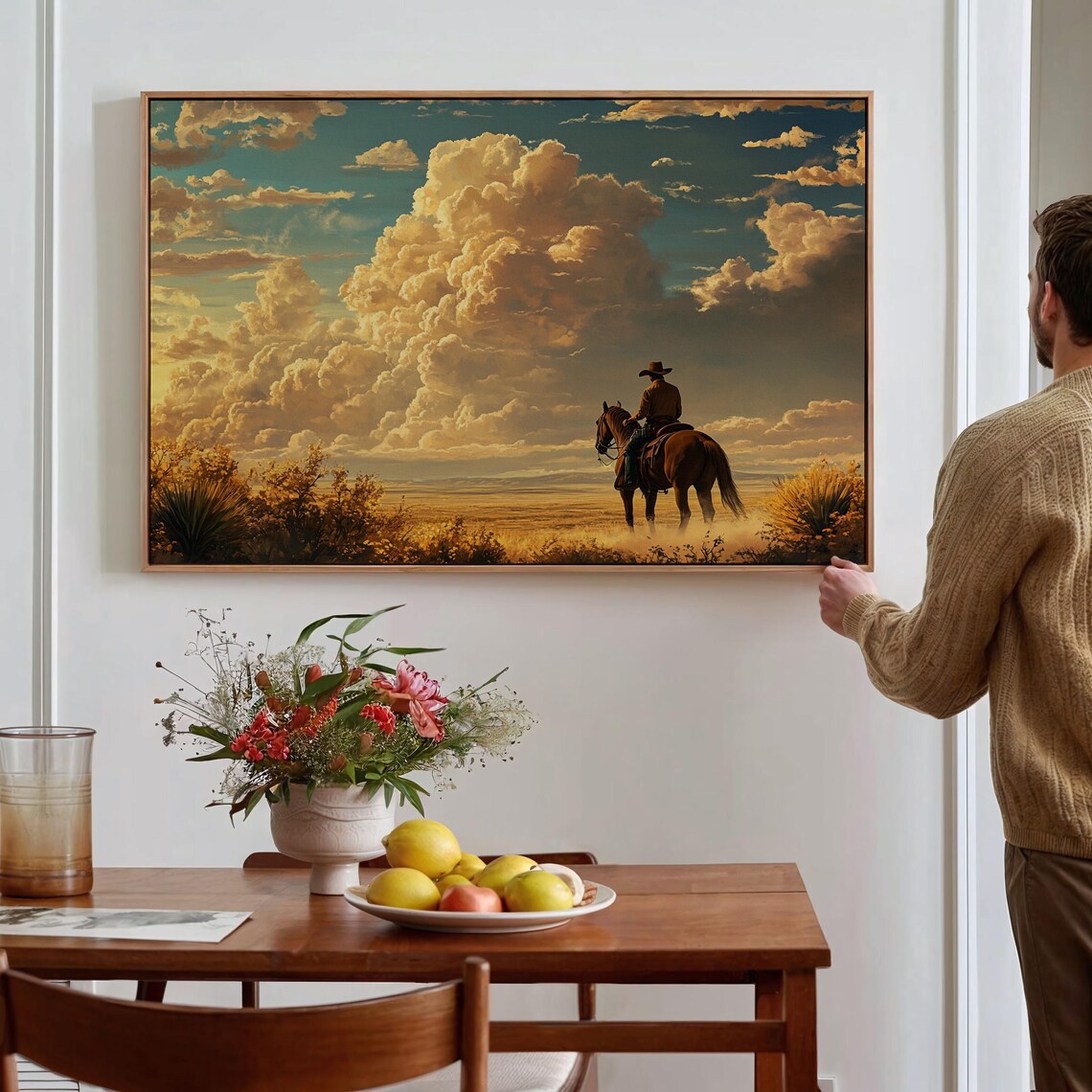 Lone Cowboy Under Golden Clouds Desert Dusk Western Wall Poster