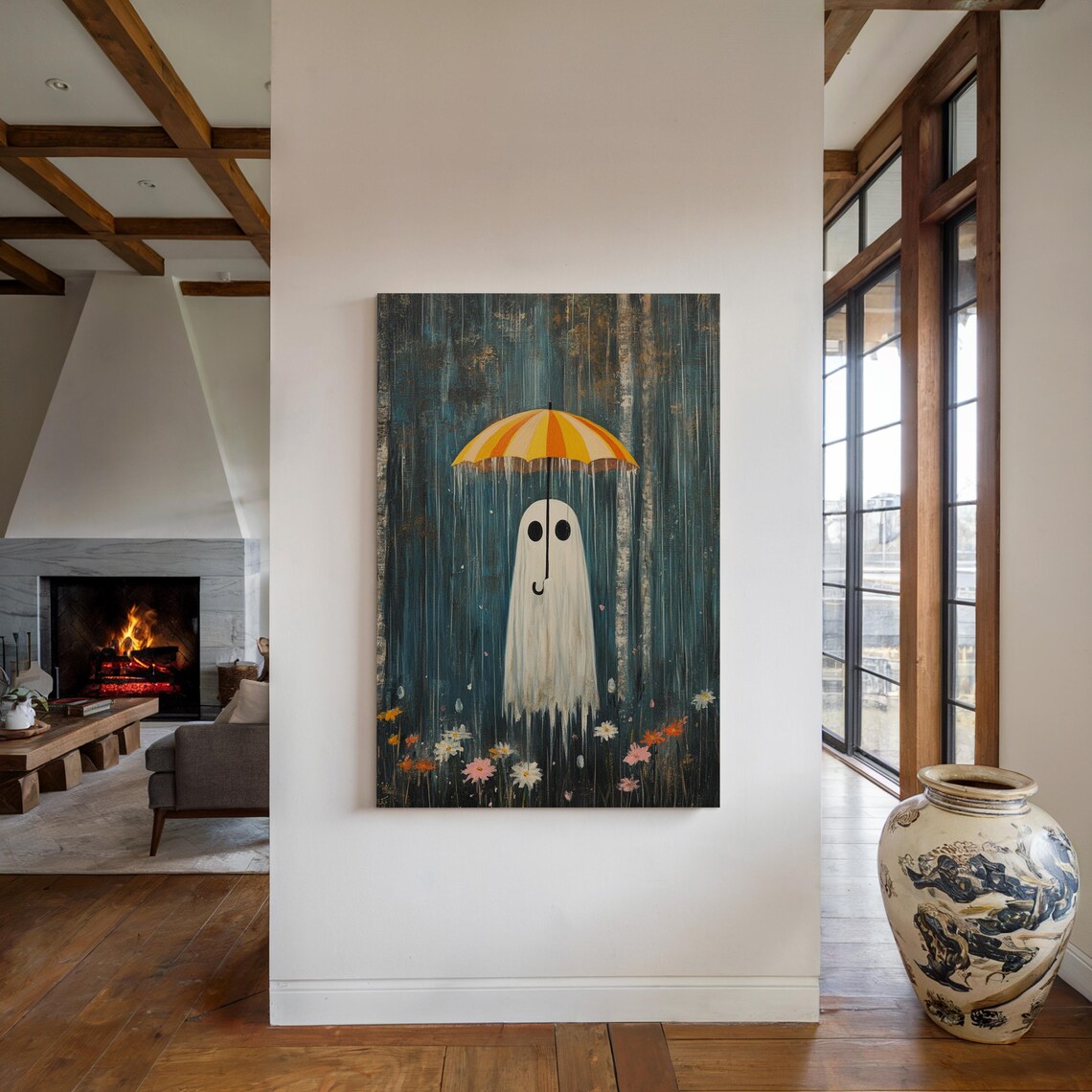 Whimsical Ghost With Umbrella Rainy Forest Wildflowers Poster - Image 4
