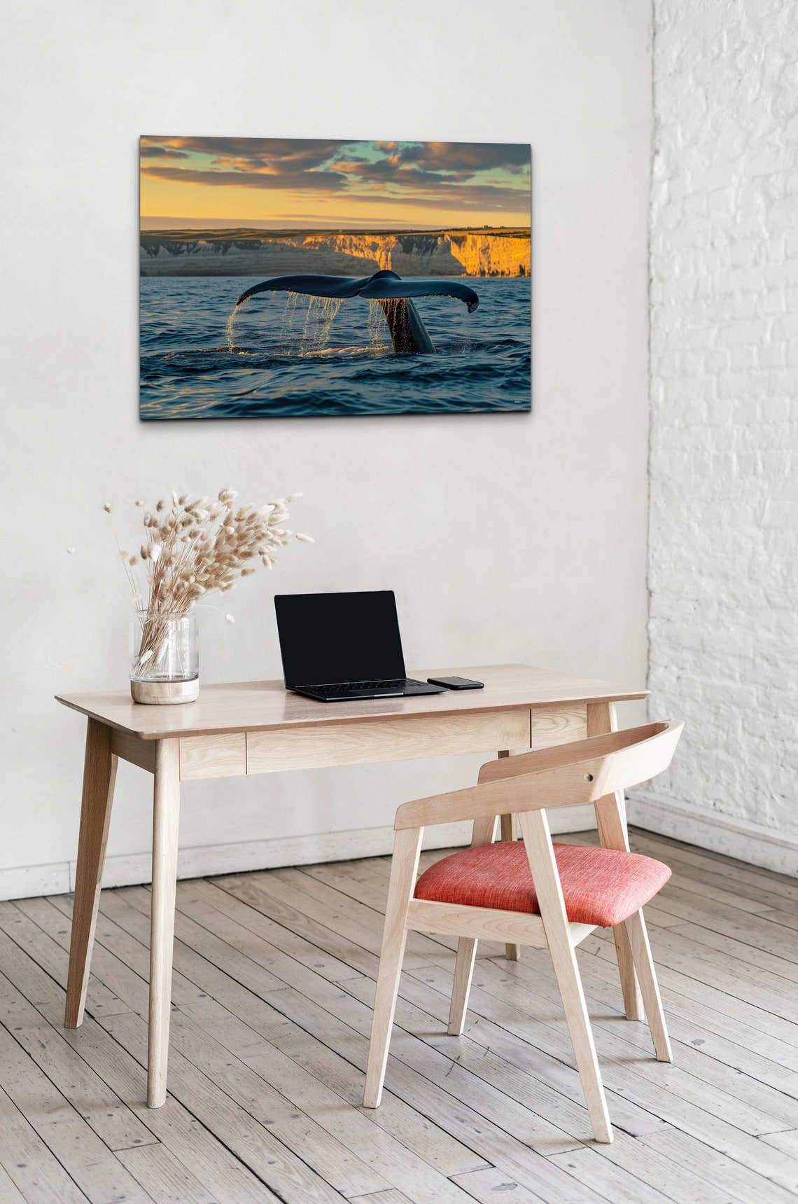 Whale Fluke Splashing at Golden Sunset Sea Cliffs Ocean Poster - Image 3