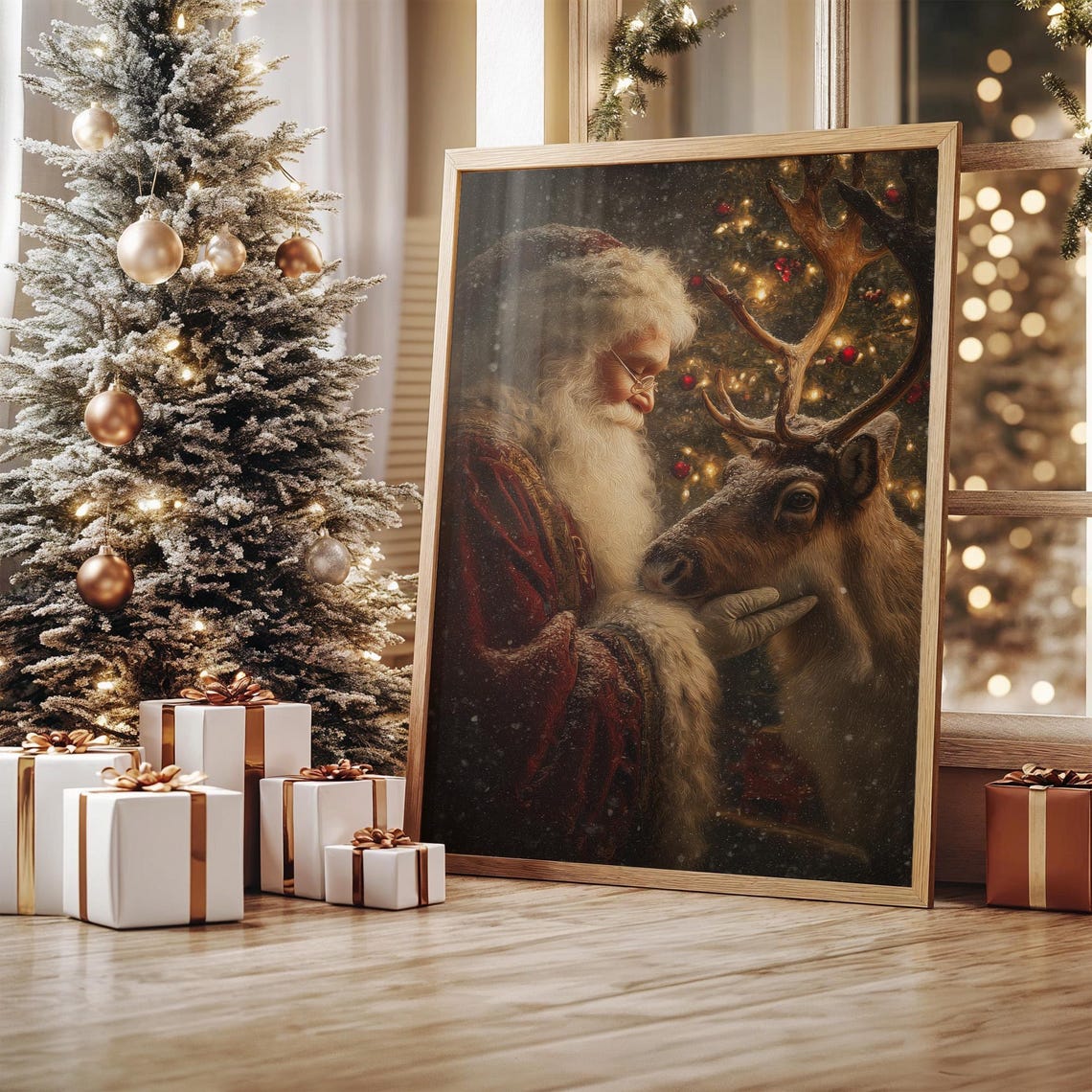 Santa Claus With Reindeer By Christmas Tree Tender Holiday Poster