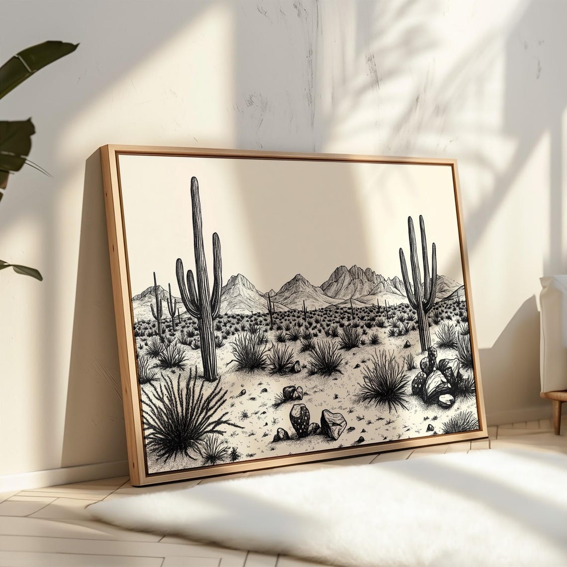 Southwest Desert Ink Drawing Saguaro Cactus Mountains Minimal Poster