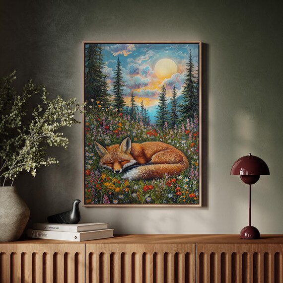 Sleeping Fox In Flower Meadow Sunset Pine Forest Animal Poster