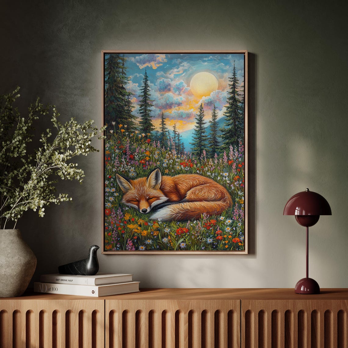 Sleeping Fox In Flower Meadow Sunset Pine Forest Animal Poster