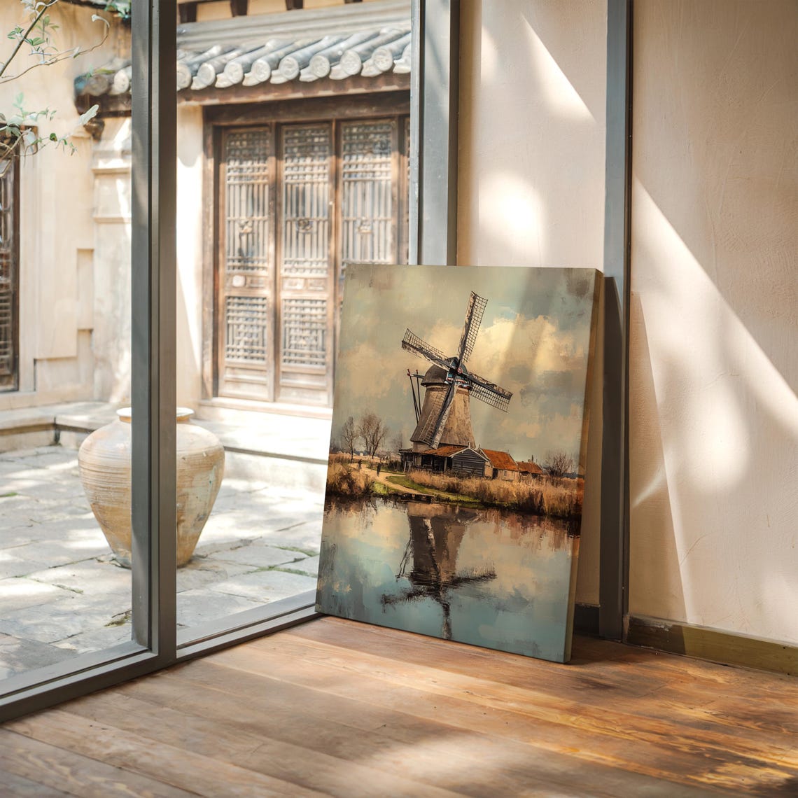 Dutch Windmill by Calm Water Rustic Countryside Reflection Art Poster