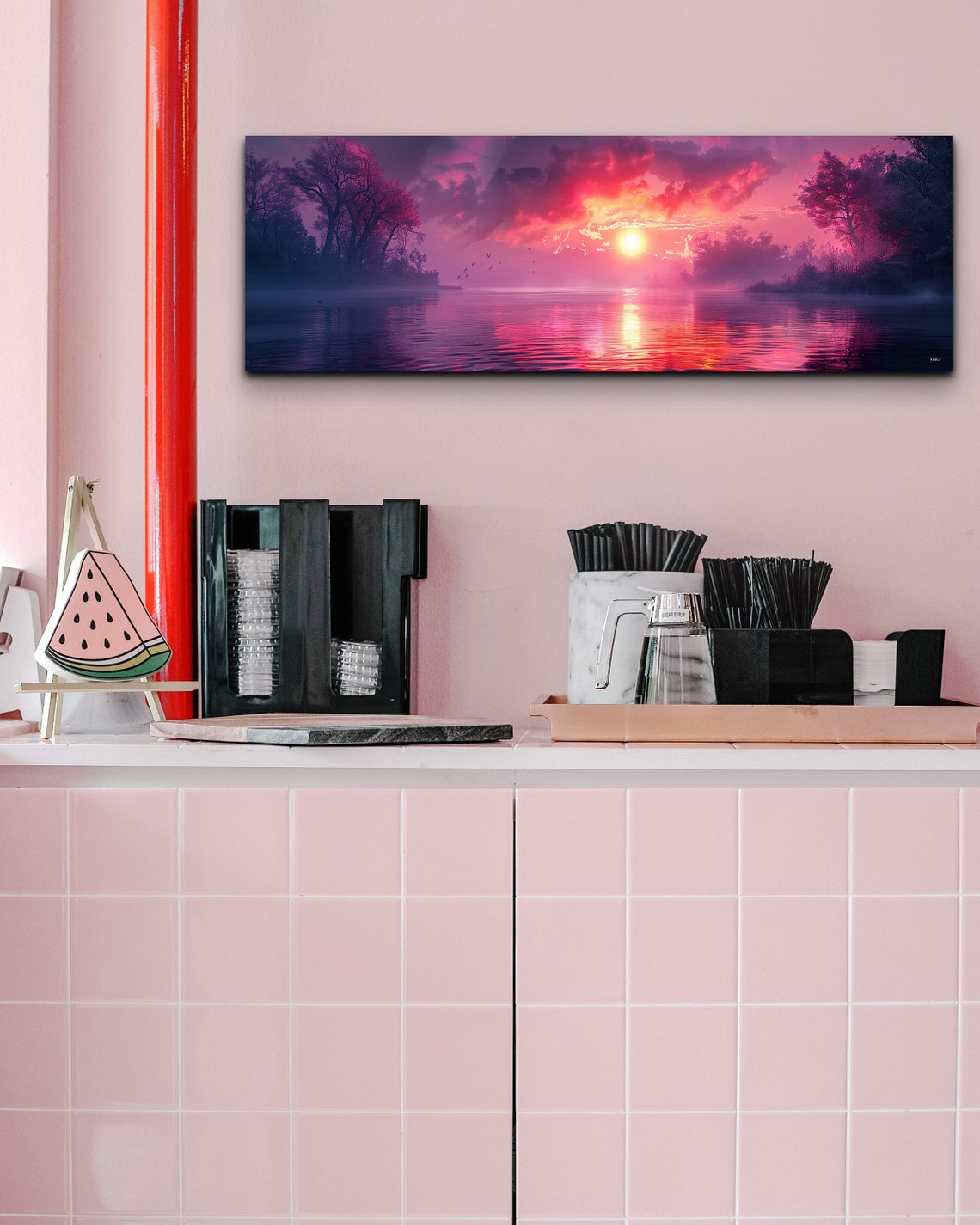 Magenta Sunset Over Lake with Trees Water Reflection Panorama Wall Art - Image 4
