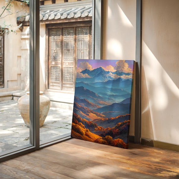 Golden Light Over Blue Mountain Layers Autumn Sunset Scene Poster