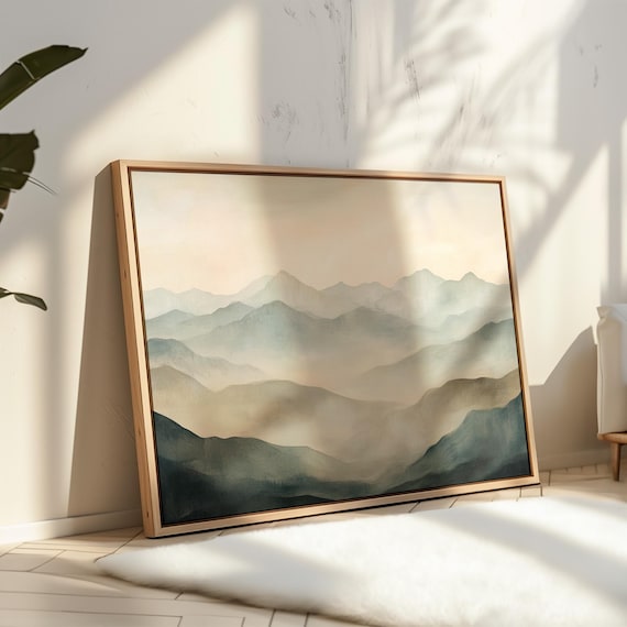 Minimalist Misty Mountain Range Art Serene Nature Wall Decor Neutral Tones For Modern Home