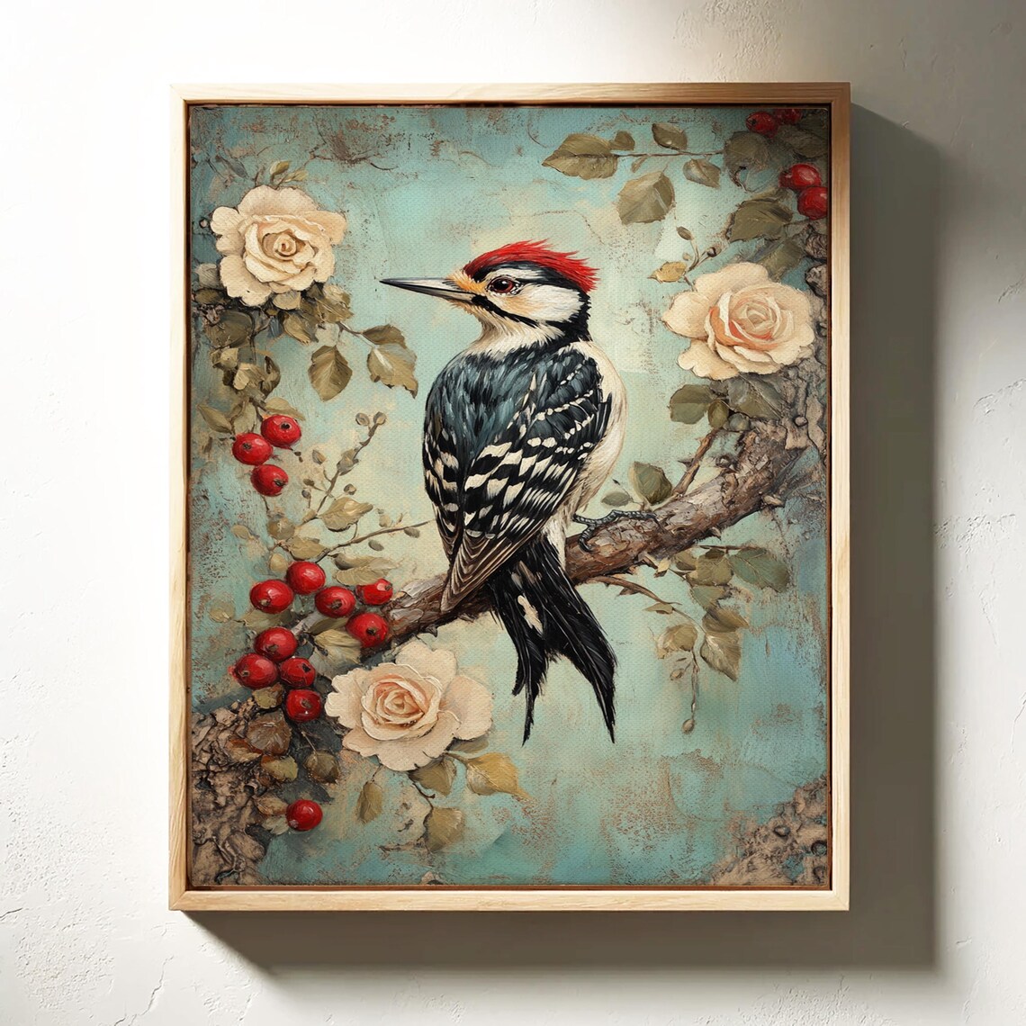 Woodpecker On Branch Vintage Bird Roses Berries Nature Scene Poster - Image 7