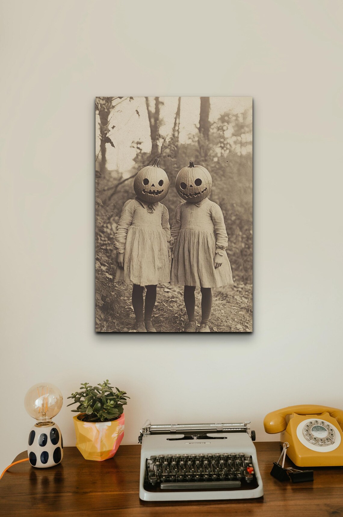 Creepy Pumpkin Head Kids Vintage Sepia Halloween Photo Art Poster - Image 3