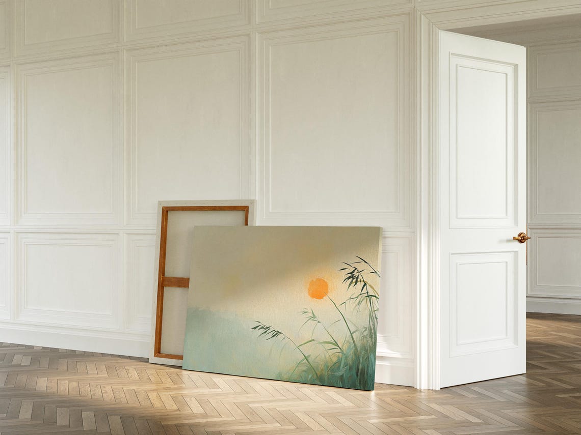 Tranquil Bamboo Orange Sun Misty Green Zen Landscape Wall Art - Image 2