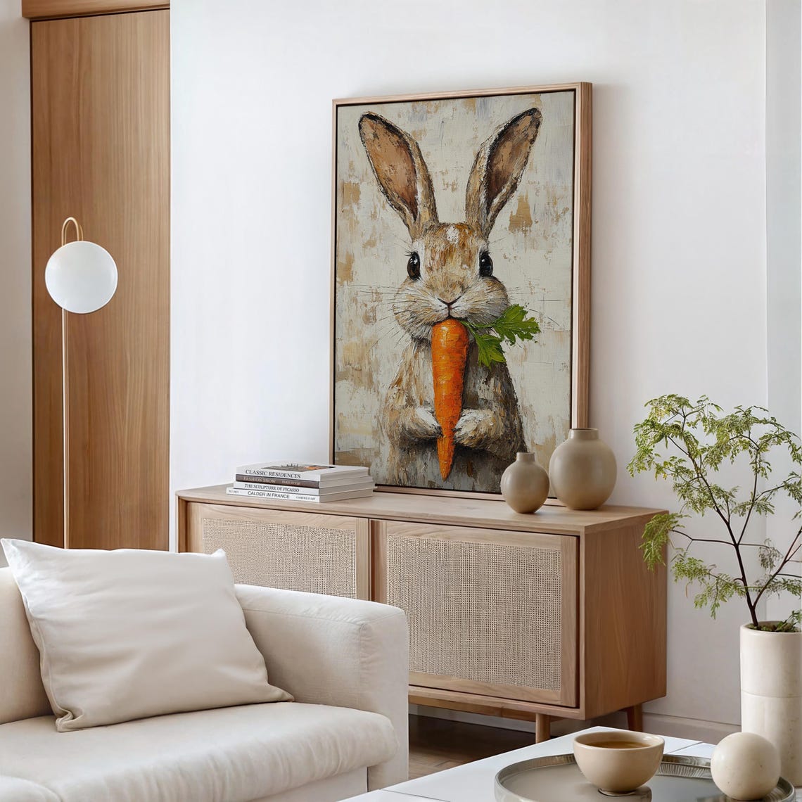 Adorable Bunny Munching a Carrot on Rustic Beige Canvas Poster - Image 5
