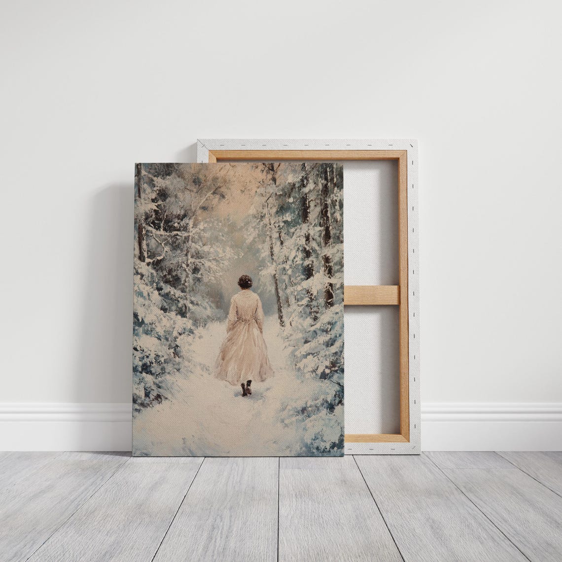 Woman Walking Into Snowy Pine Forest Path Serene Winter Scene Poster - Image 3