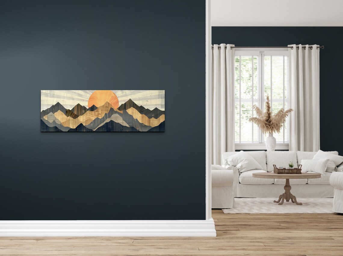 Panoramic Wood Style Western Mountain Range Ready To Hang Panoramic Wall Art Print Wood Tone Artwork Panoramic Art - Image 4