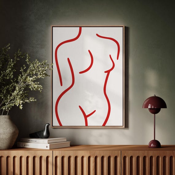 Minimalist Nude Female Form Print Red Line Art Body Poster