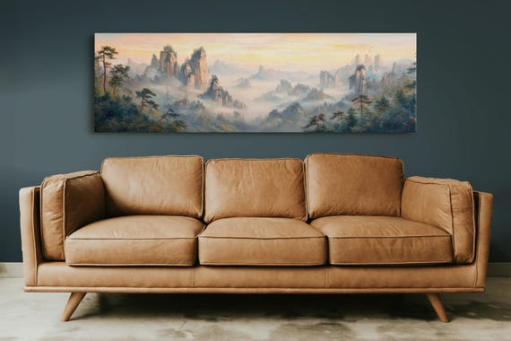 Chinese Landscape Wall Art Misty Mountain Asian Nature Painting Tranquil Zen Decor Panoramic Serenity Print