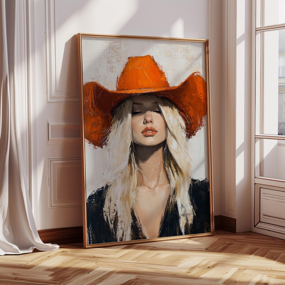 Blonde Cowgirl Canvas Art Western Woman In Orange Hat Rustic Oil Painting Print For Farmhouse Country Or Boho Wall Decor