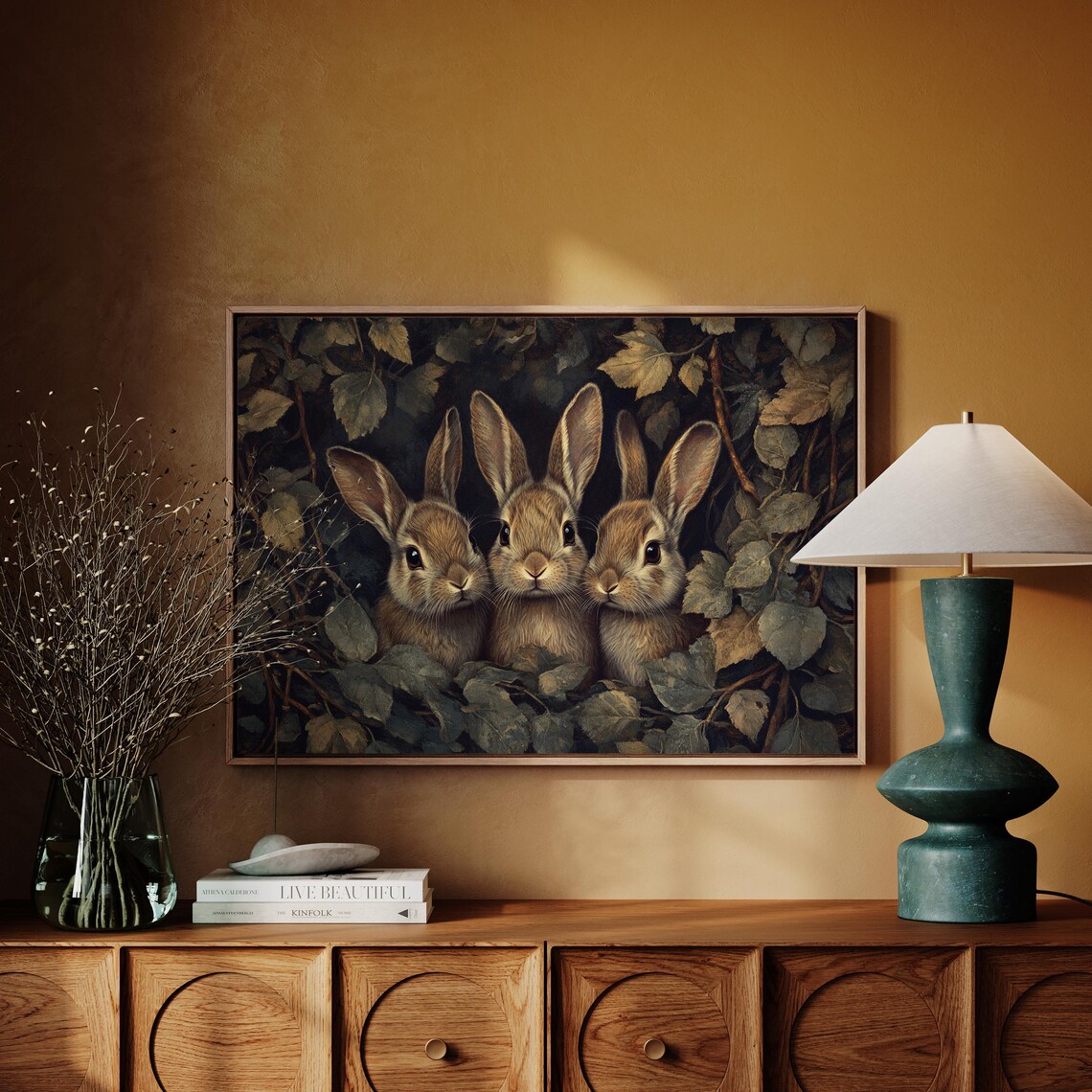 Three Baby Bunnies Peeking Through Dark Woodland Foliage Poster - Image 6