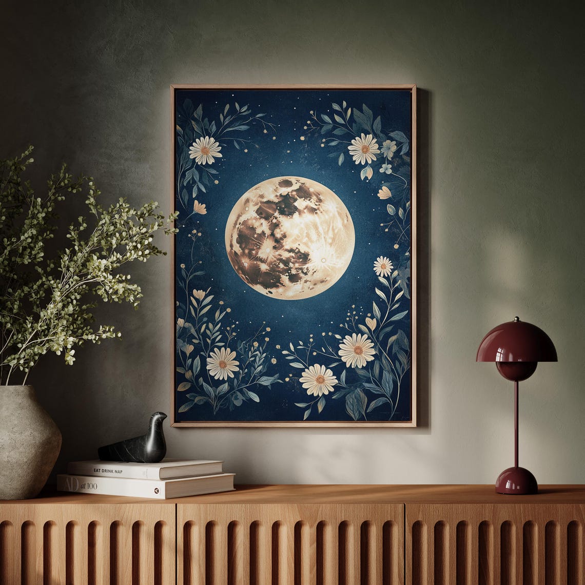 Full Moon Teal Night Sky Daisy Botanical Celestial Art Poster - Image 7