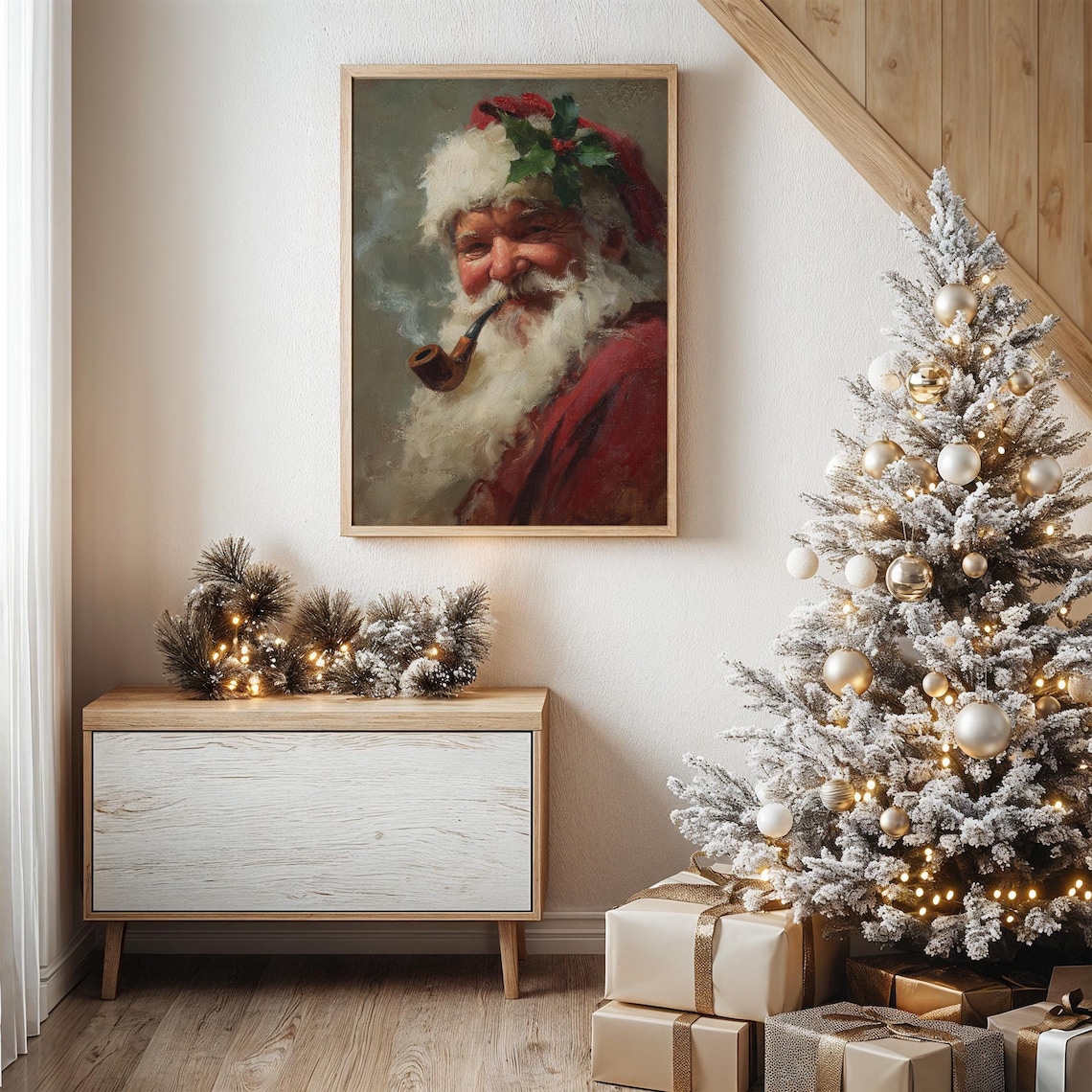 Jolly Santa Claus Smoking Pipe Holly Classic Christmas Poster