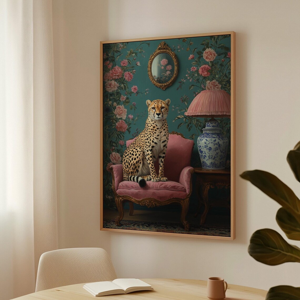 Elegant Cheetah On Pink Chair, Vintage Inspired Floral Room - Image 3
